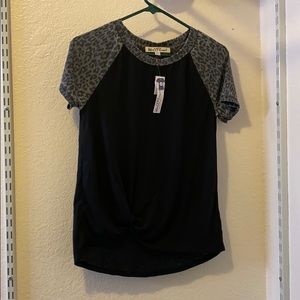 NWT black top with leopard sleeves